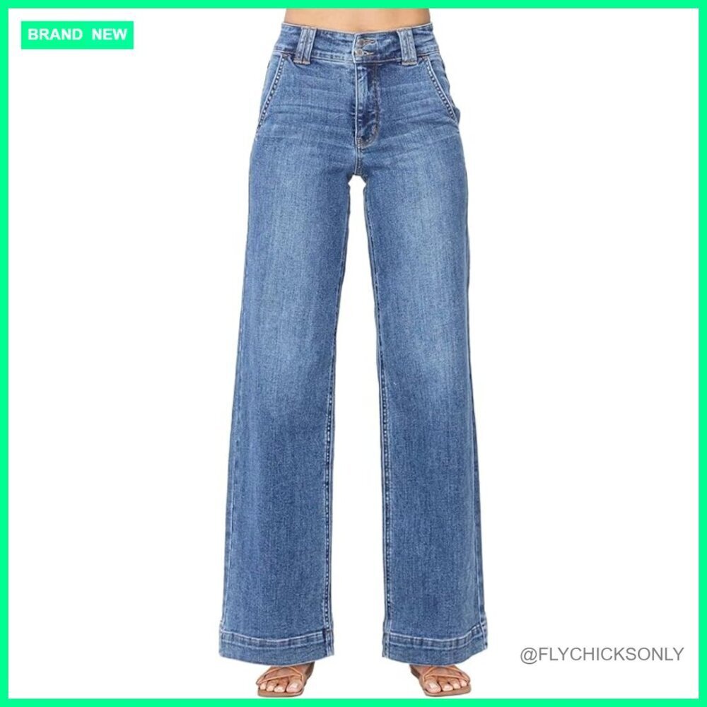 High Waisted Wide Leg Straight Jeans Stretch Denim Regular Fit